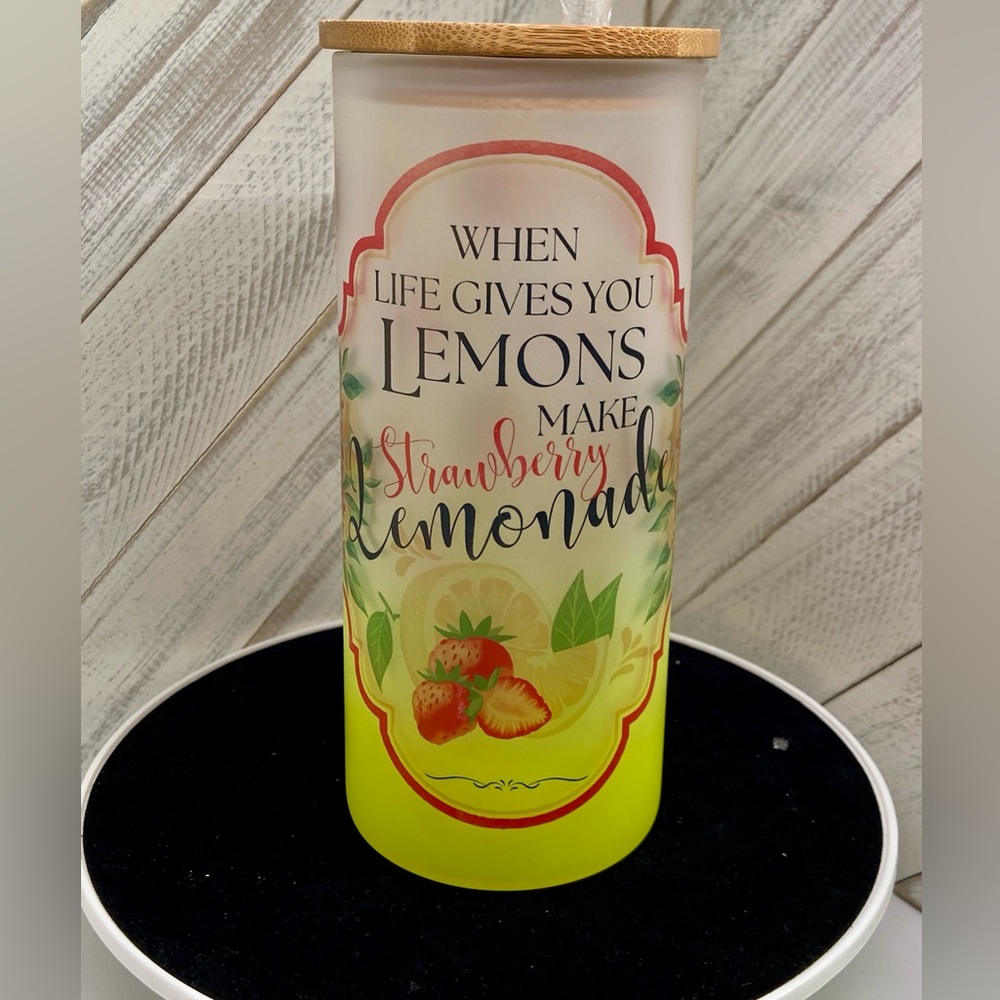 Strawberry Lemonade Drinking Glass Tumbler Bamboo Lid Handmade Sublimation
